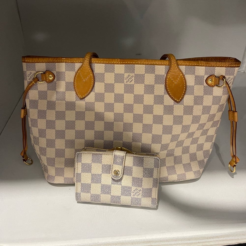 Cream Check Canvas Tote with Tan Leather Trim